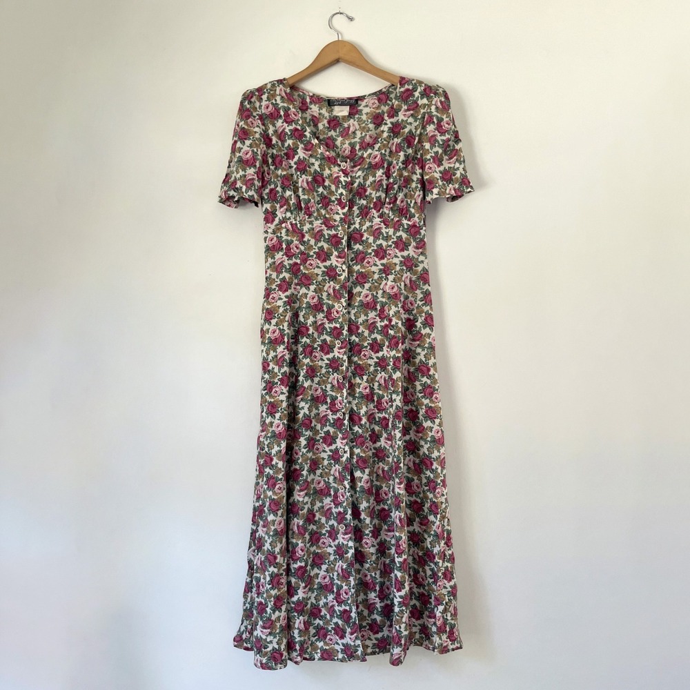 All That Jazz Floral Maxi Dress Pink Rose Button Front Cottagecore Vintage 90s